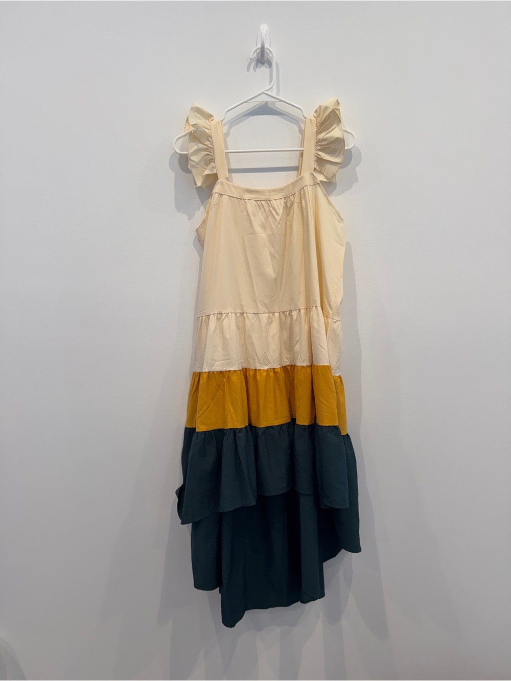 Three-Tier Ruffle Strap Casual Dress in Cream, Mustard & Teal